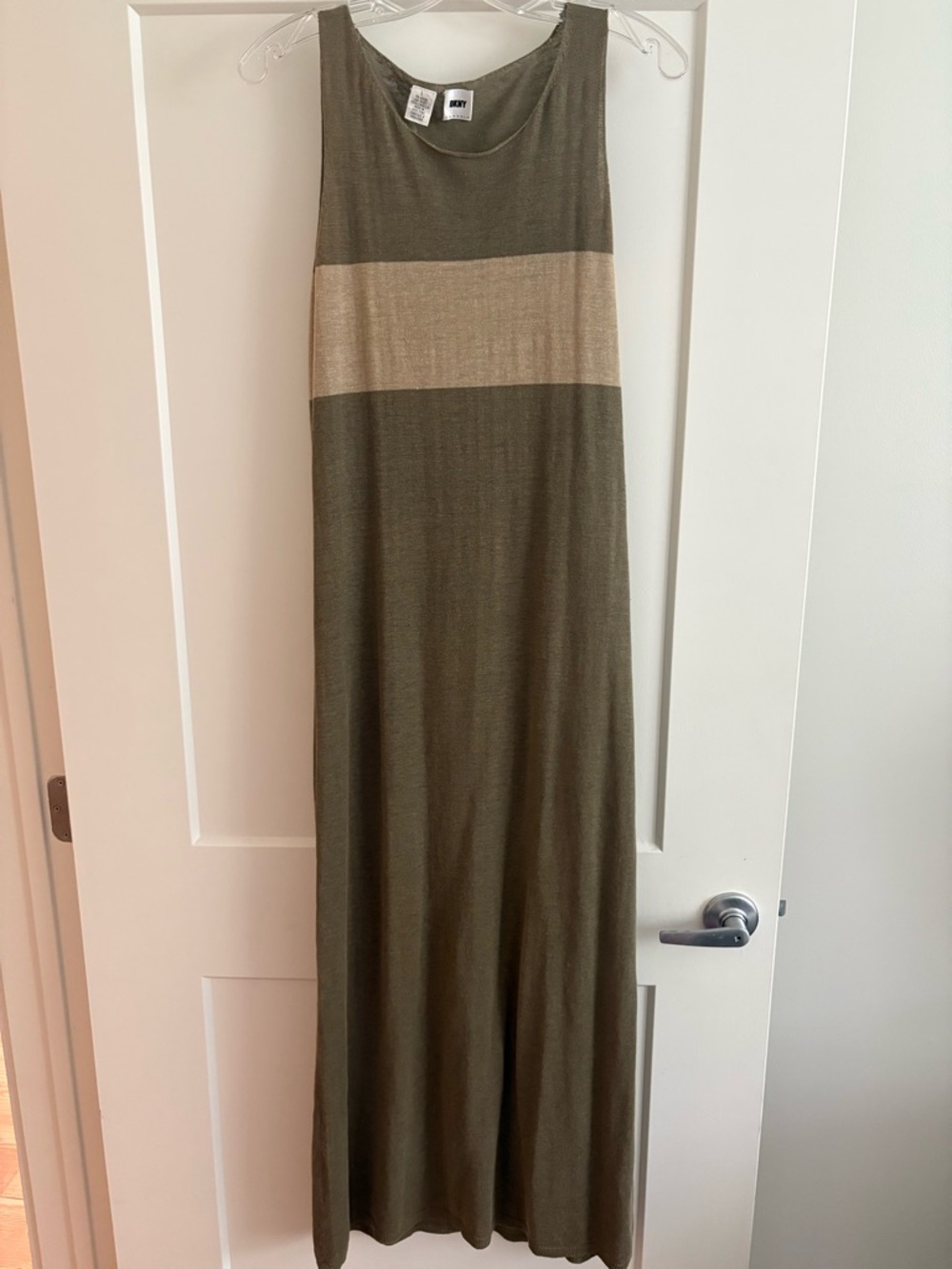 DKNY Linen Sleeveless Olive Green Maxi Dress with Beige Stripe